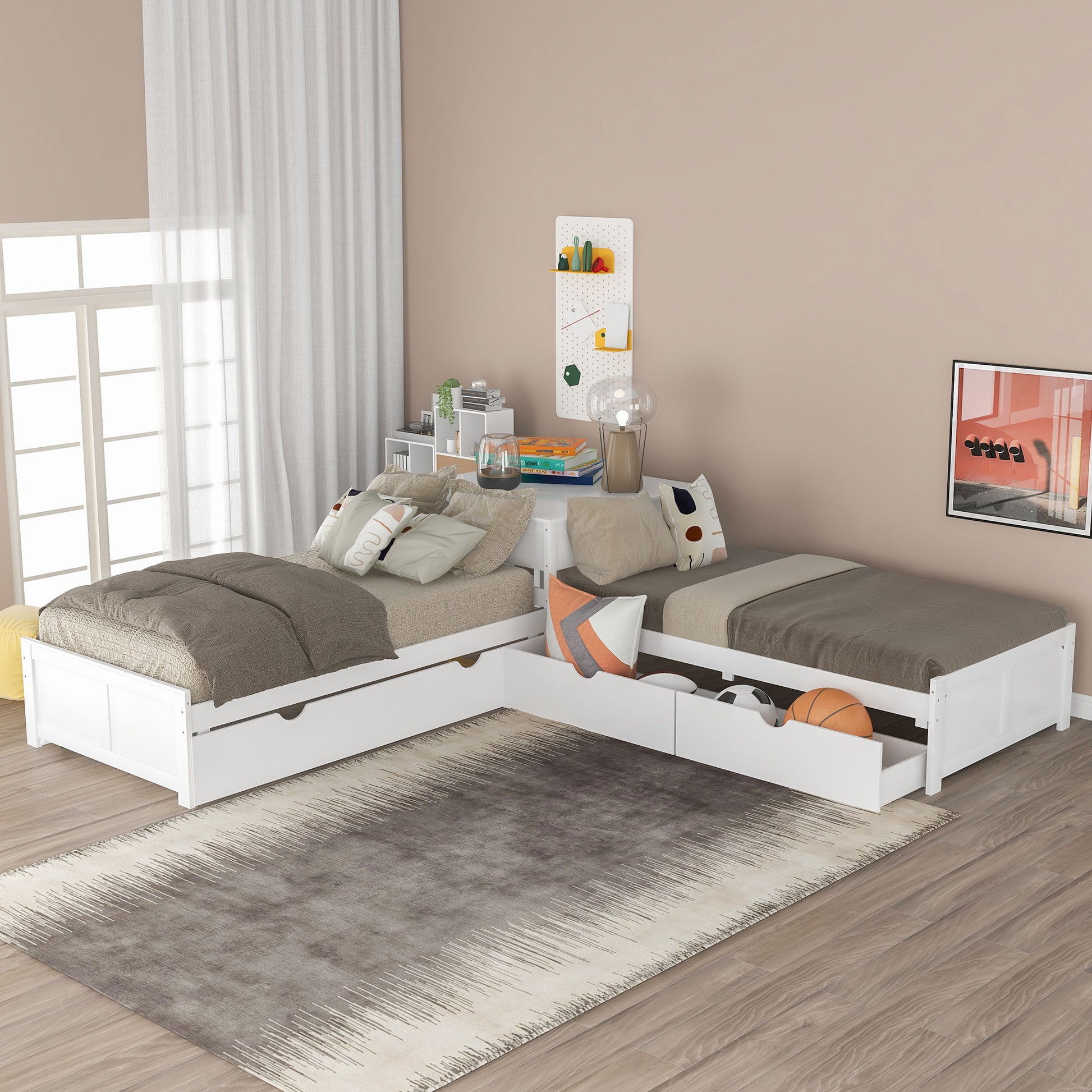L Shaped Platform Bed With Trundle And Drawers Linked With Built In Desk - The Sleep Loft - Online Mattress Showroom NYC