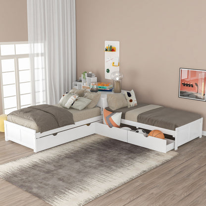 L Shaped Platform Bed With Trundle And Drawers Linked With Built In Desk - The Sleep Loft - Online Mattress Showroom NYC