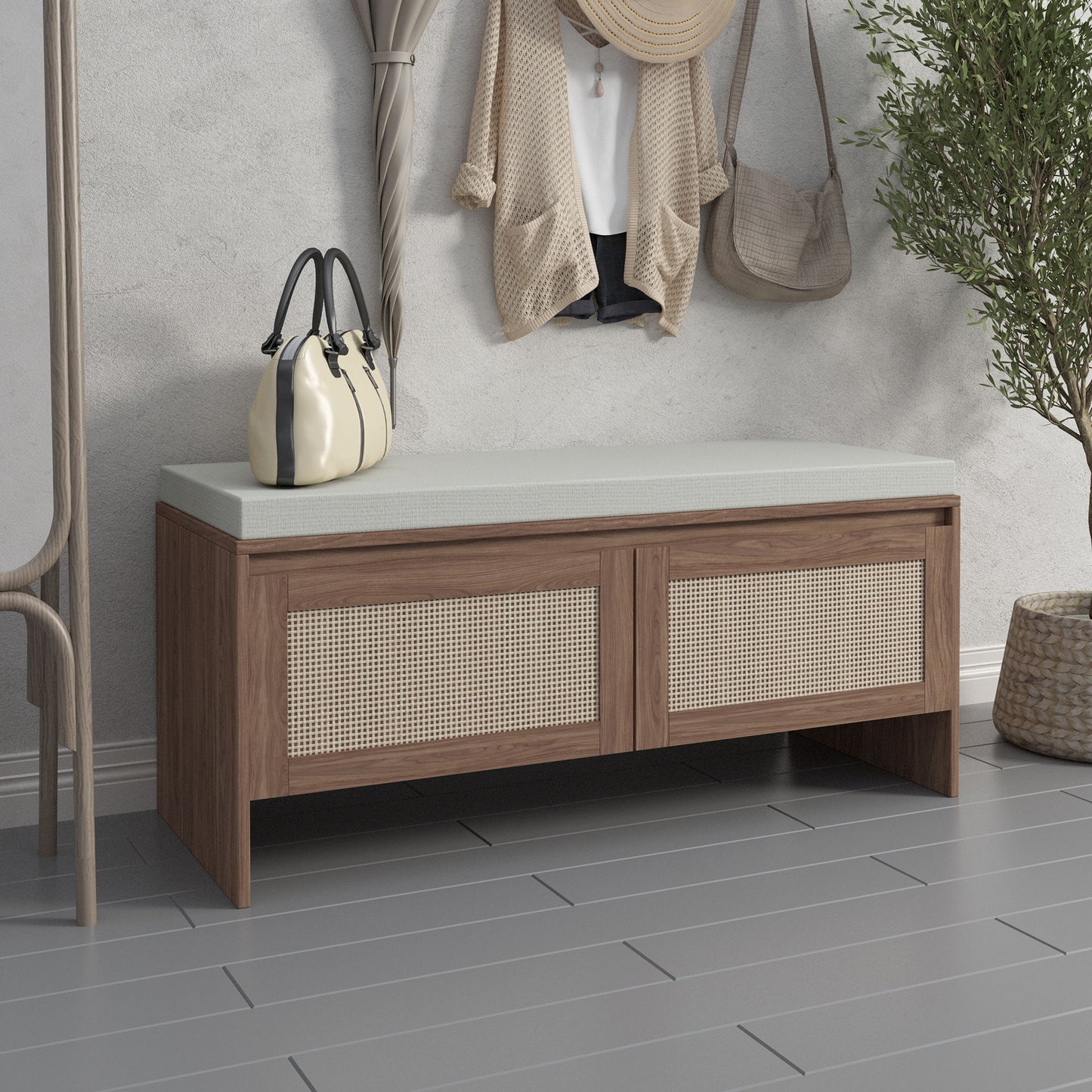 Storage Bench With Cushion, Shoe Cabinet With 2 Doors - Antique Natural / Rattan - The Sleep Loft - Online Mattress Showroom NYC
