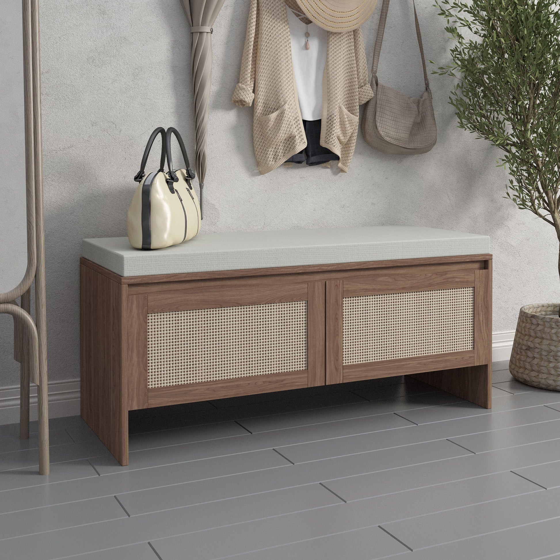Storage Bench With Cushion, Shoe Cabinet With 2 Doors - Antique Natural / Rattan - The Sleep Loft - Online Mattress Showroom NYC
