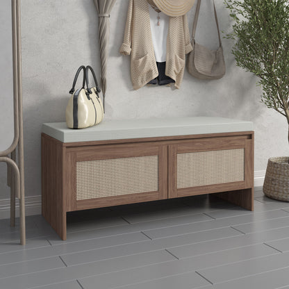 Storage Bench With Cushion, Shoe Cabinet With 2 Doors - Antique Natural / Rattan - The Sleep Loft - Online Mattress Showroom NYC