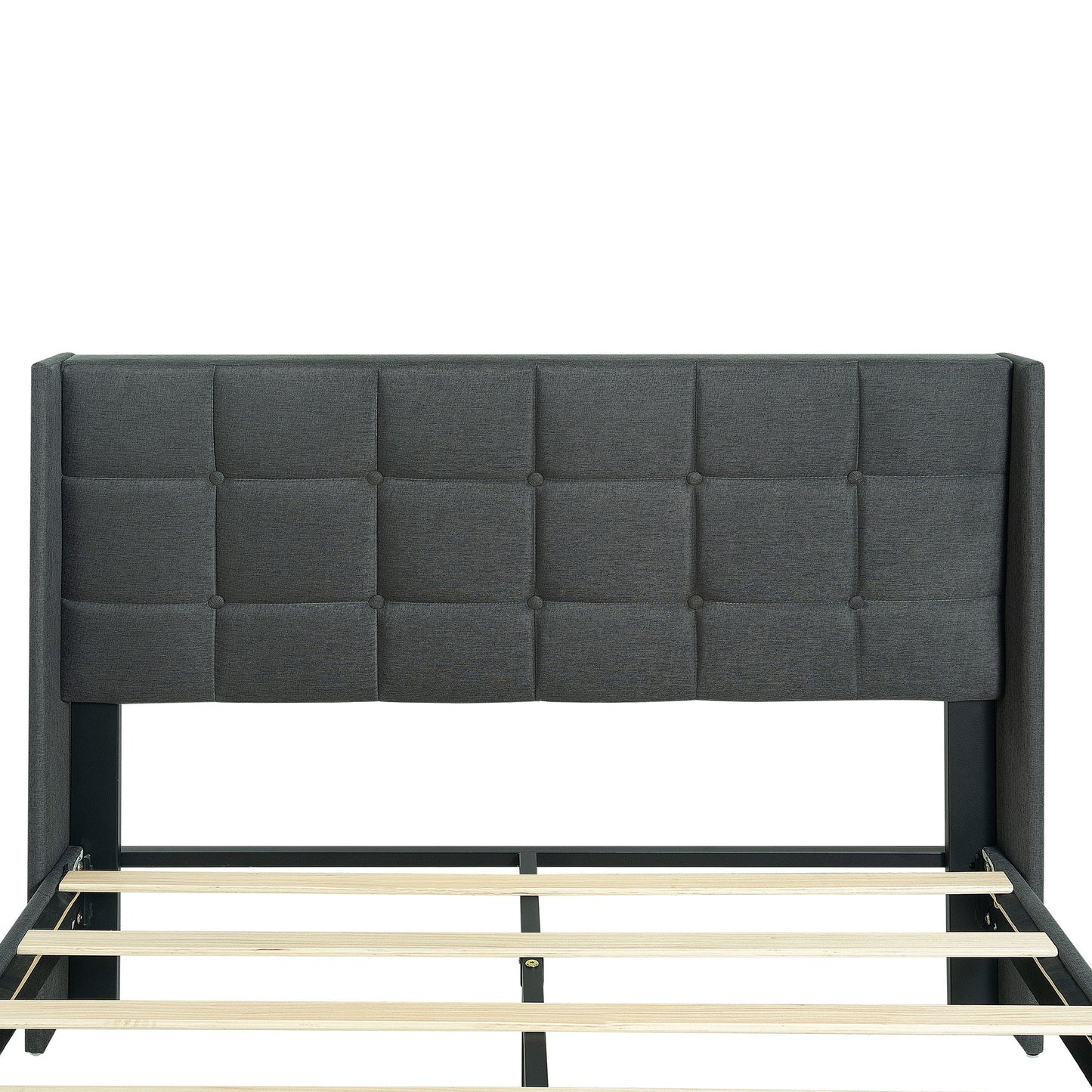 Queen Size Upholstered Platform Bed Frame With Button Tufted Linen Fabric Headboard - Dark Gray - The Sleep Loft - Online Mattress Showroom NYC