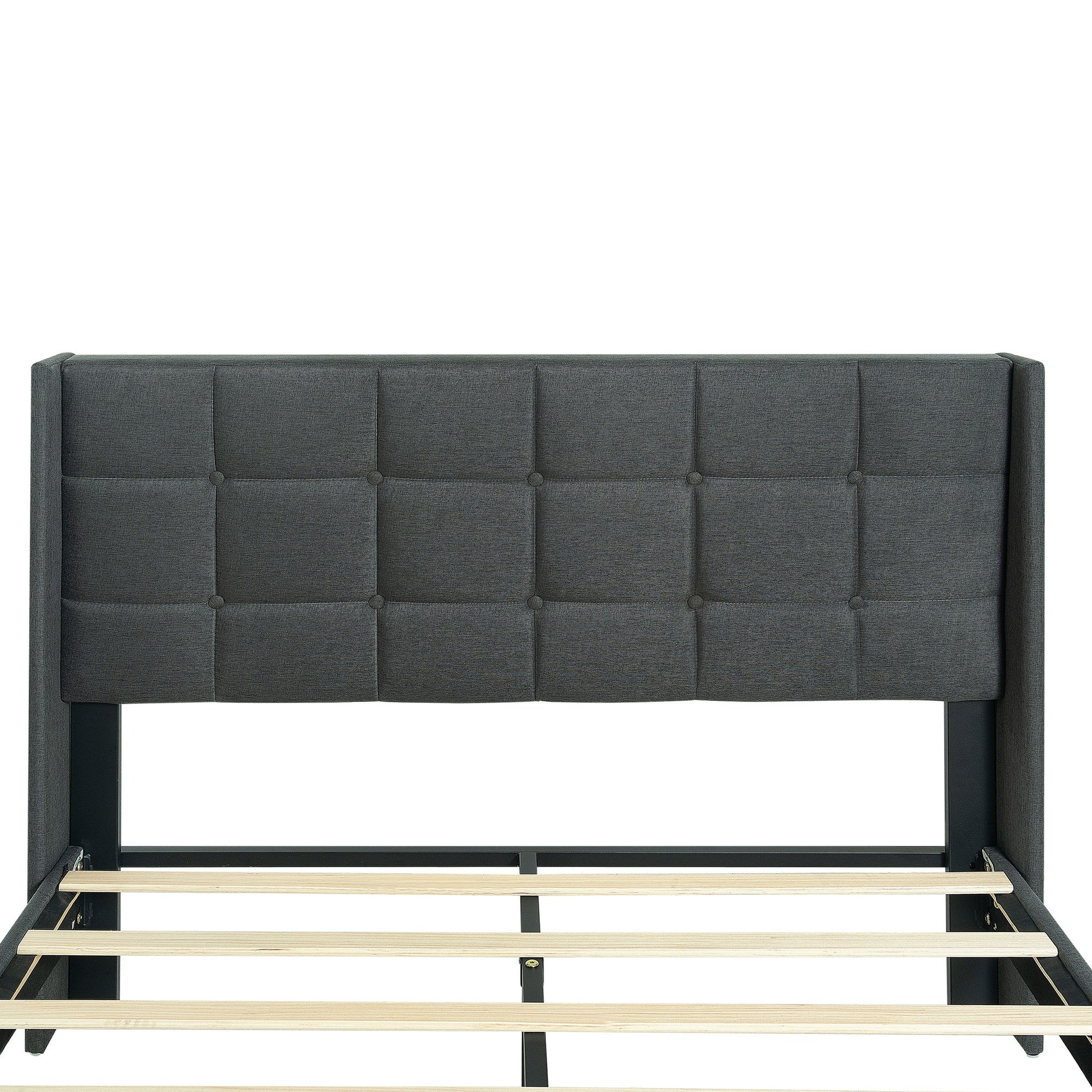 Queen Size Upholstered Platform Bed Frame With Button Tufted Linen Fabric Headboard - Dark Gray - The Sleep Loft - Online Mattress Showroom NYC