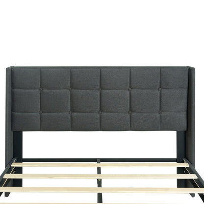 Queen Size Upholstered Platform Bed Frame With Button Tufted Linen Fabric Headboard - Dark Gray - The Sleep Loft - Online Mattress Showroom NYC