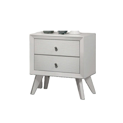 Nightstand With Angled Legs, Round Knobs, Wave Texture, 2 Drawer Bedside Table - White