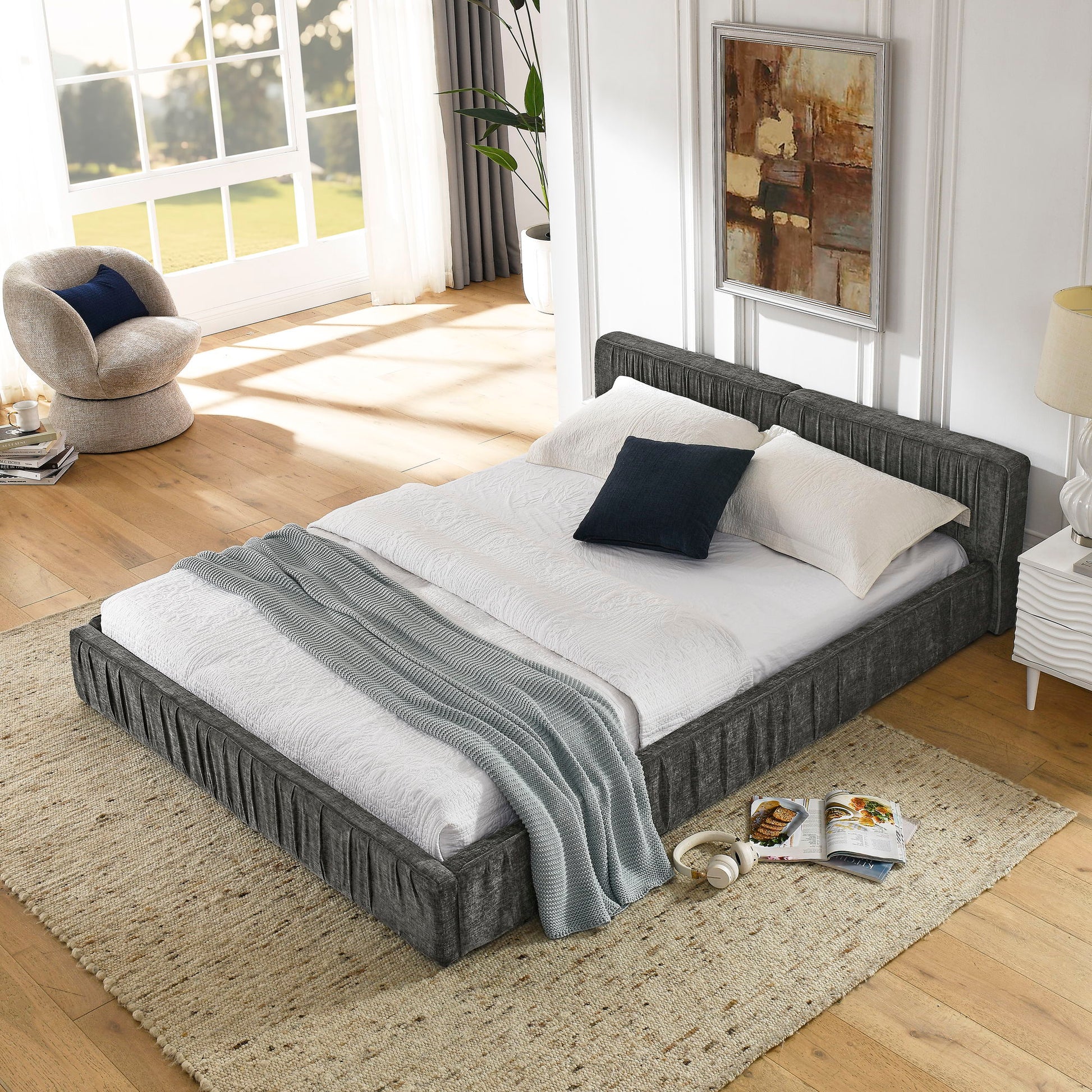 Modern Upholstered Platform Bed Frame With Pleated Design - The Sleep Loft - Online Mattress Showroom NYC