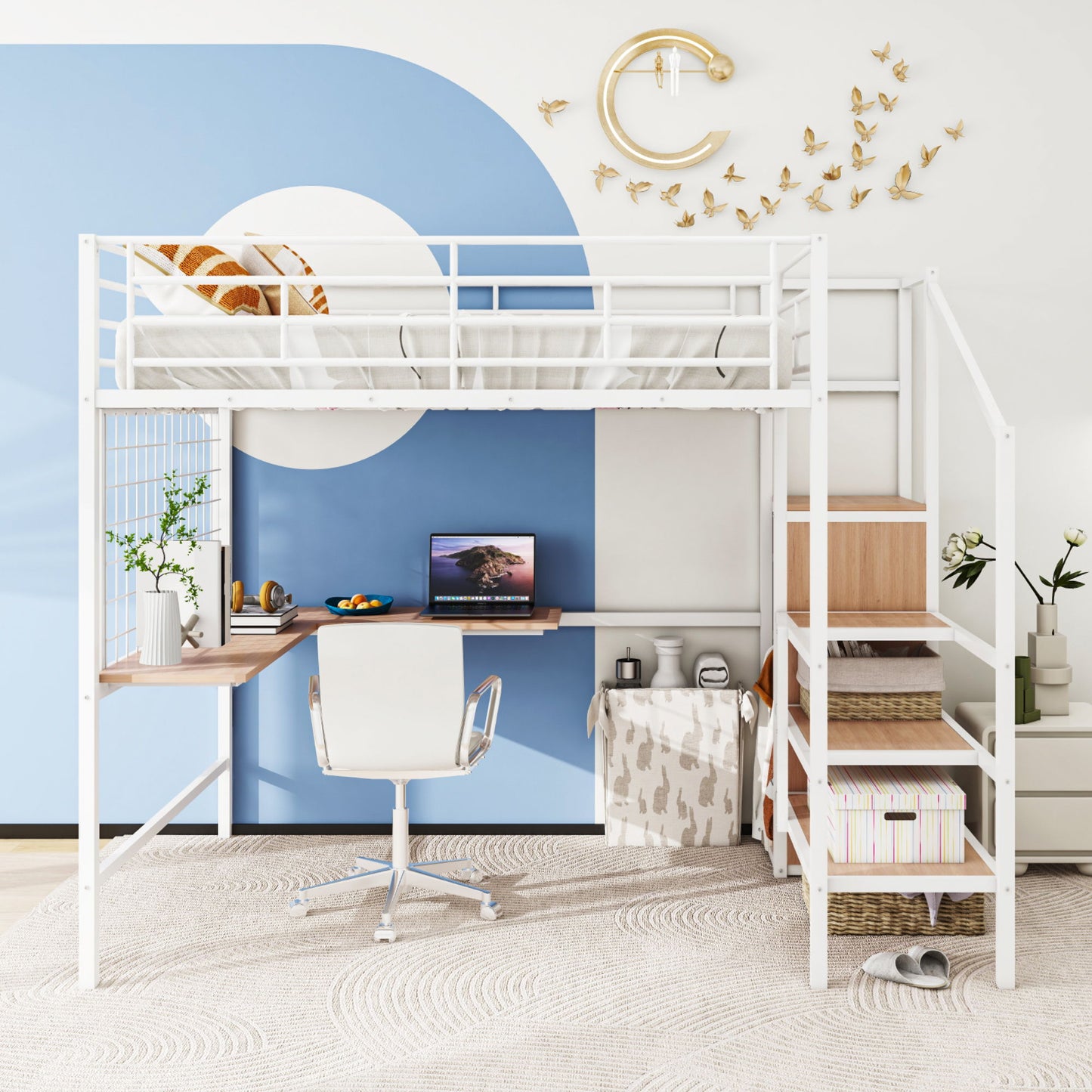 Loft Bed With Desk And Grid, Stylish Frame With Lateral Storage Ladder And Wardrobe - The Sleep Loft - Online Mattress Showroom NYC