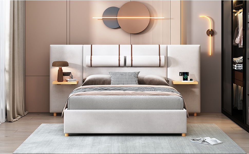 Upholstered Platform Bed, 2 Outlets And USB Charging Ports On Both Sides, 2 Bedside Pillows, Storage Shelves - The Sleep Loft - Online Mattress Showroom NYC