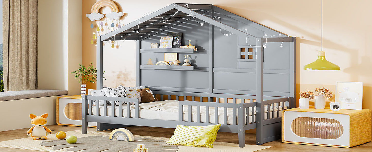 House Bed With Shelves, Window And Sparkling Light Strip On The Roof - The Sleep Loft - Online Mattress Showroom NYC