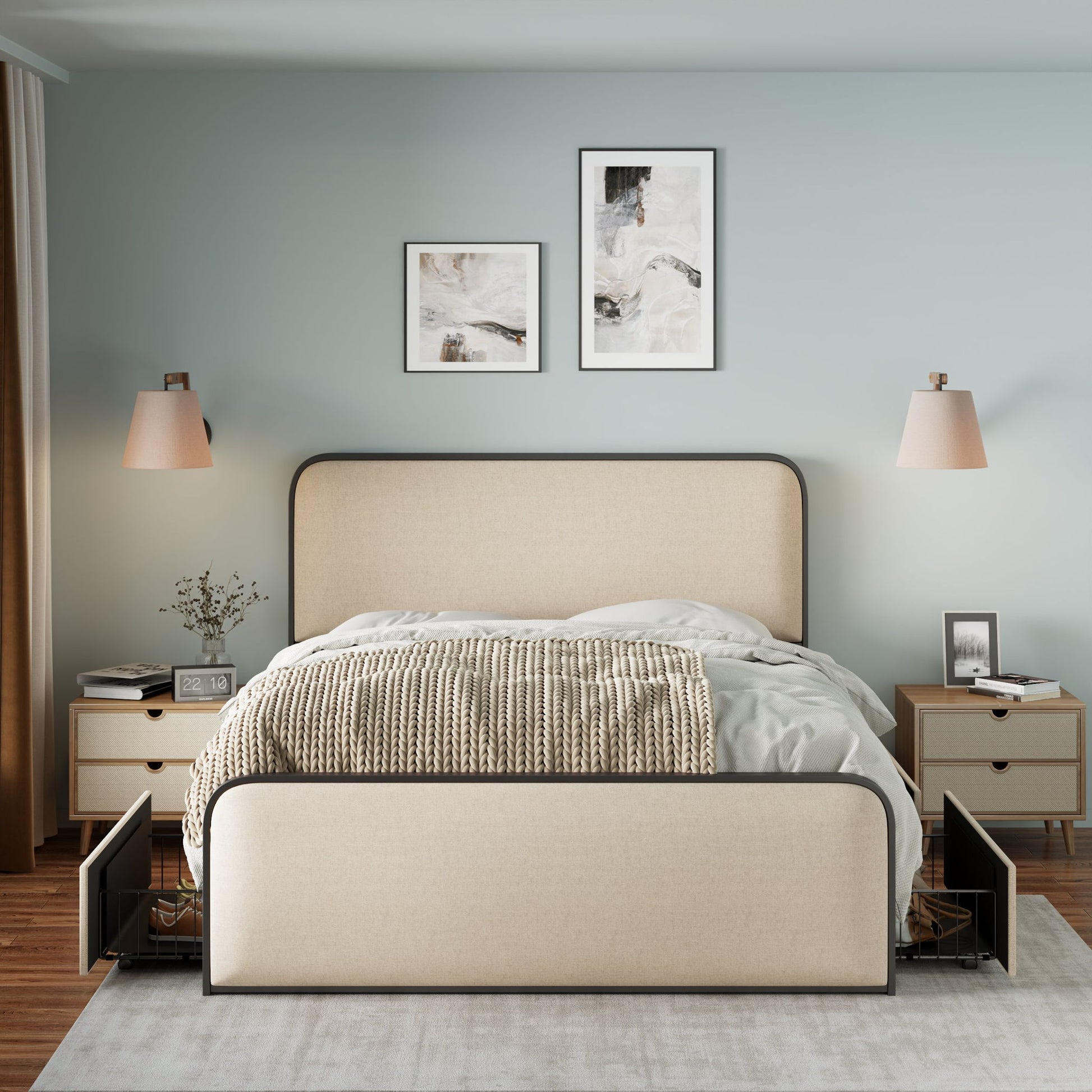 Modern Bed With Curved Upholstered Headboard And Footboard, Heavy Duty Metal Slats - The Sleep Loft - Online Mattress Showroom NYC