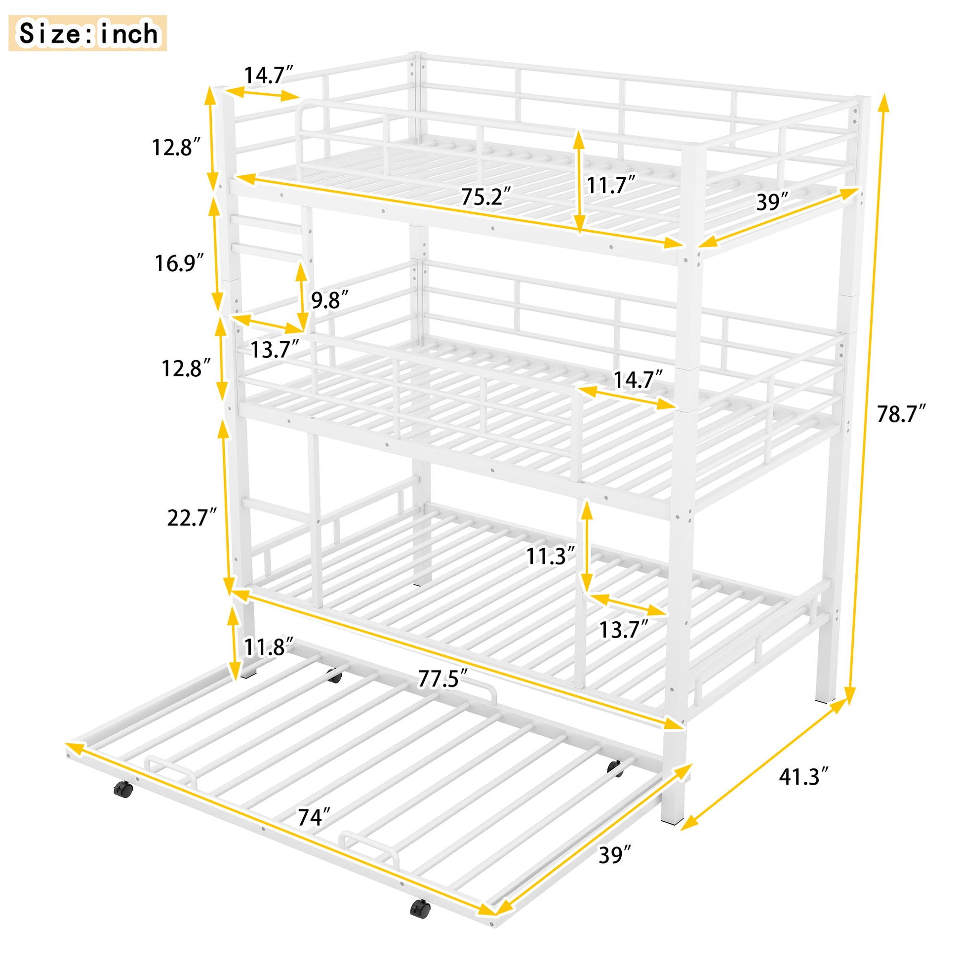 Triple Bunk Bed With Trundle, Heavy Duty Steel Construction - The Sleep Loft - Online Mattress Showroom NYC