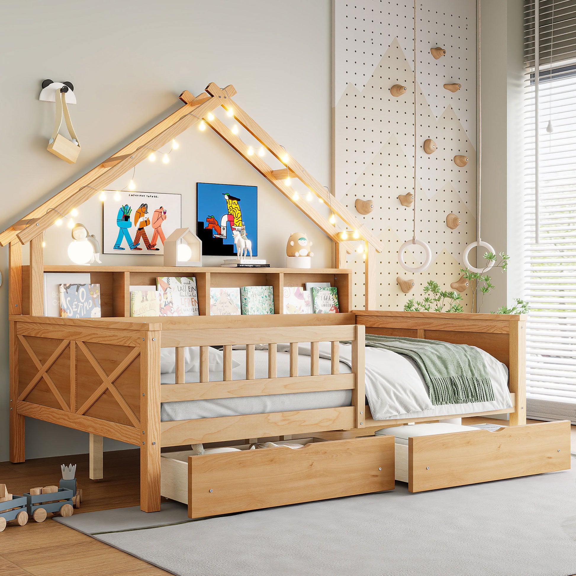 House Style Platform Bed With LED Lights, Storage Shelves, Drawers, And Guardrail - The Sleep Loft - Online Mattress Showroom NYC