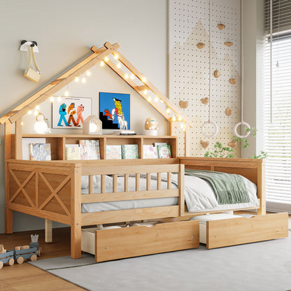 House Style Platform Bed With LED Lights, Storage Shelves, Drawers, And Guardrail - The Sleep Loft - Online Mattress Showroom NYC