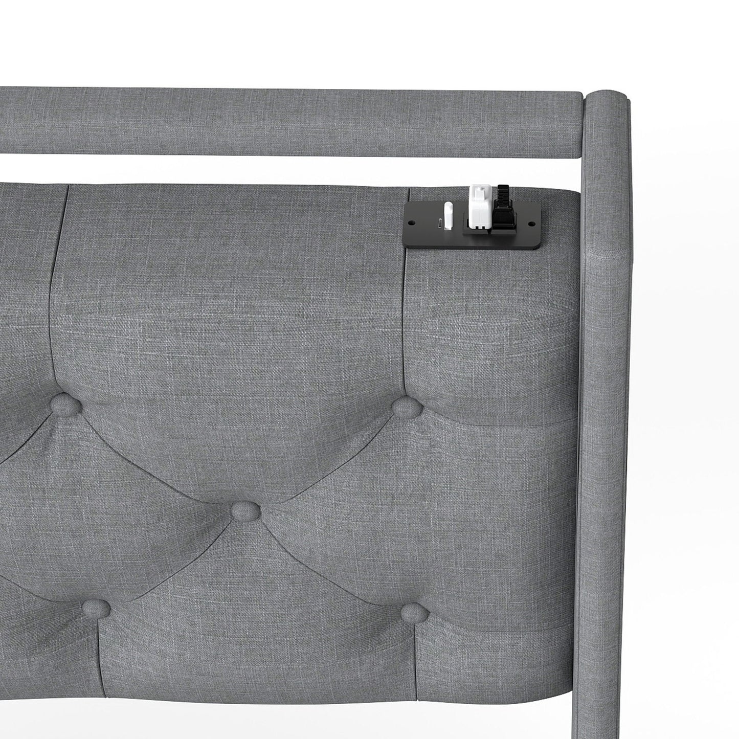 Queen Platform Bed Frame With RGB LED & Charging Station, Storage Headboard - Gray