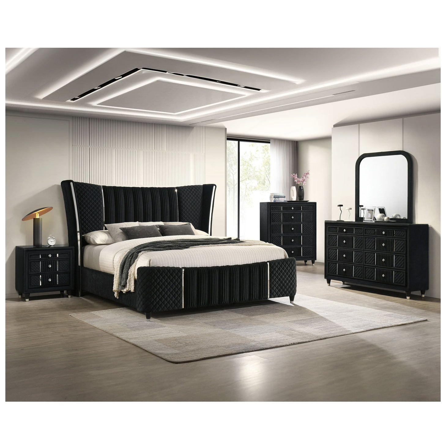 1 Piece Nightstand Upholstery Textured Look Luxurious Feel Drawer Fronts Crystal Style Knobs - Black