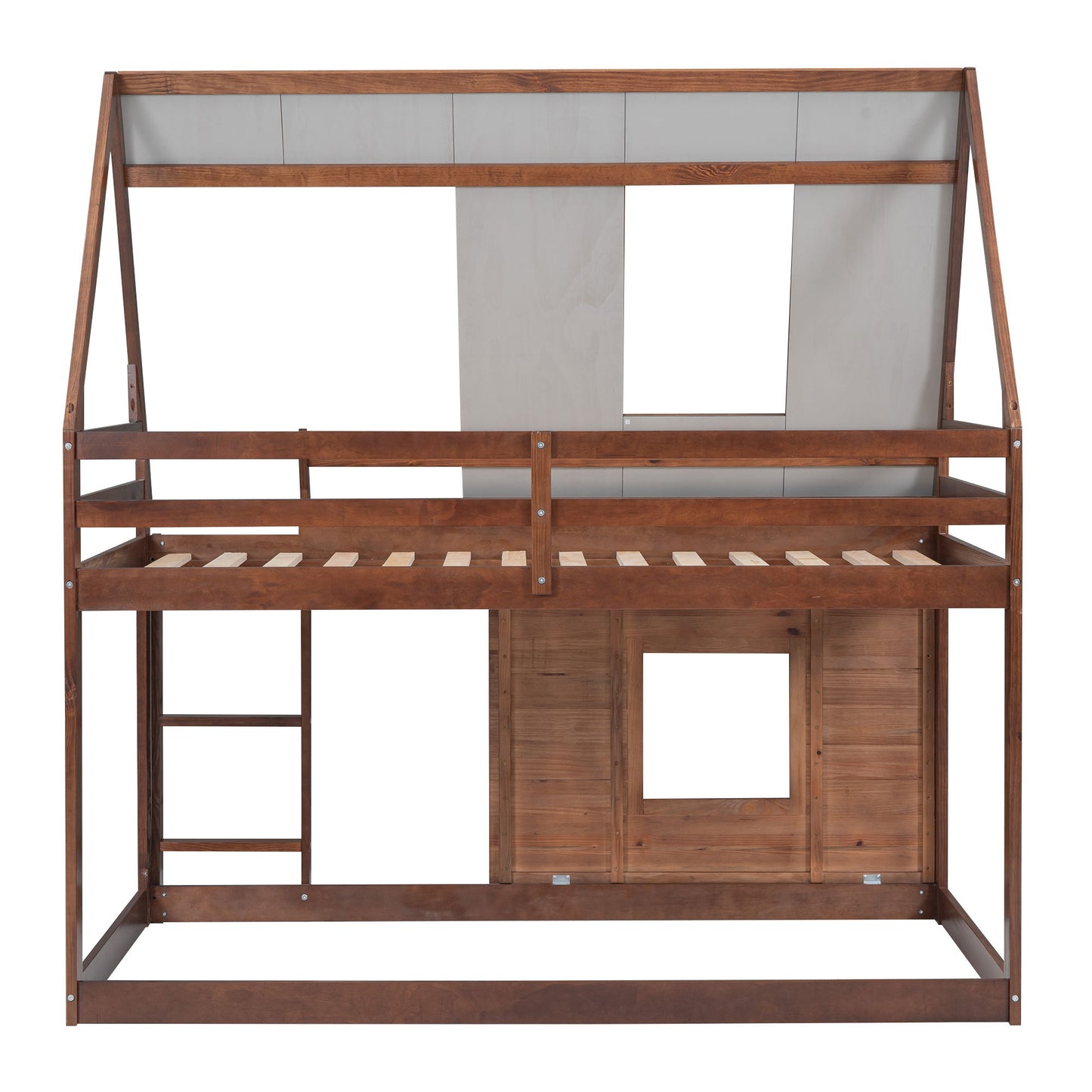 Wood Twin Size House Bunk Bed With Roof, Ladder And 2 Windows - Oak & Smoky Gray - The Sleep Loft - Online Mattress Showroom NYC