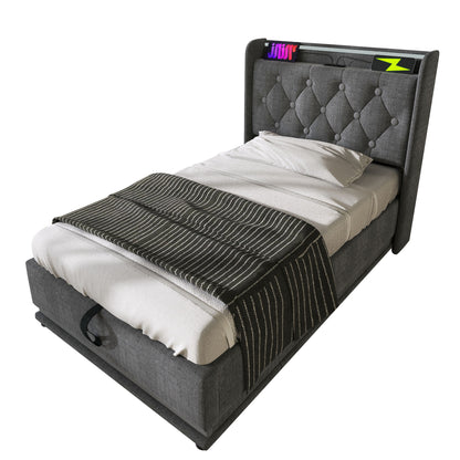 Upholstered Bed, 360 Surround LED Function, Remote Control, Hydraulic Storage Bed With USB, Type-C Charging (Without Mattress) - The Sleep Loft - Online Mattress Showroom NYC