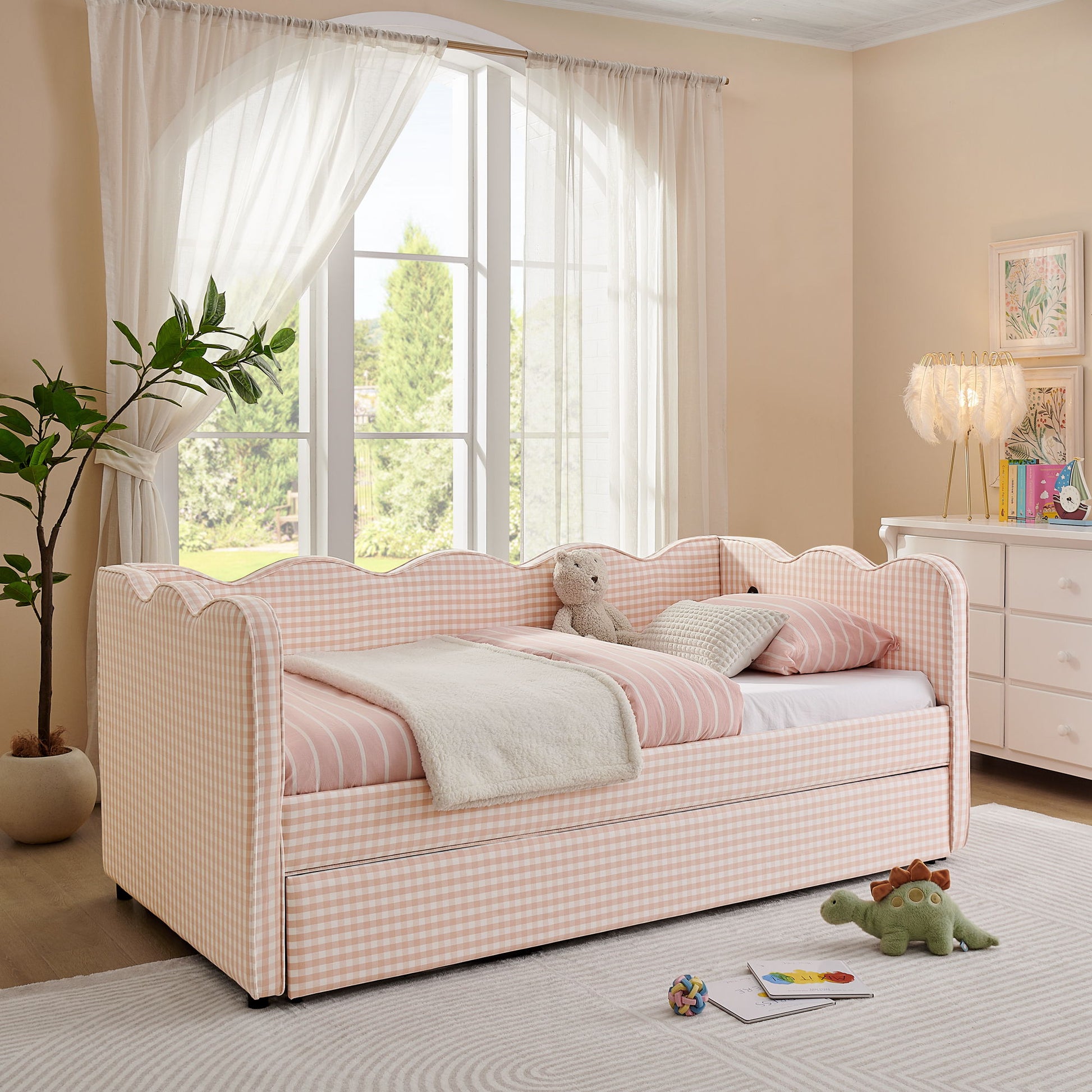 Gingham Daybed With USB Charging Port, Wave Shaped Design - The Sleep Loft - Online Mattress Showroom NYC