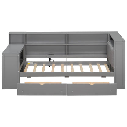 Platform Bed With Upholstered Headboard, Storage Shelves, Drawers, Charging Station, LED Lighting, Built In Desk - The Sleep Loft - Online Mattress Showroom NYC
