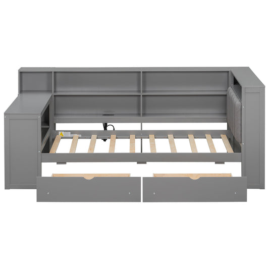 Platform Bed With Upholstered Headboard, Storage Shelves, Drawers, Charging Station, LED Lighting, Built In Desk - The Sleep Loft - Online Mattress Showroom NYC