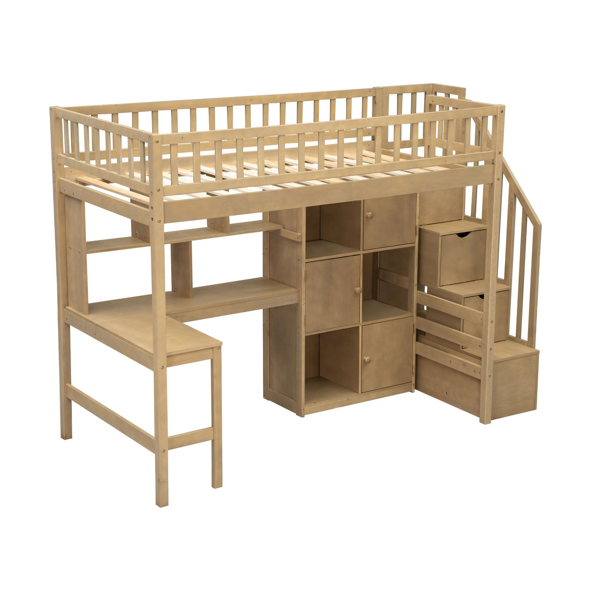 Loft Bed With Built In L Shaped Desk, LED Lights, Storage Shelves, Cabinets, And Staircase - The Sleep Loft - Online Mattress Showroom NYC