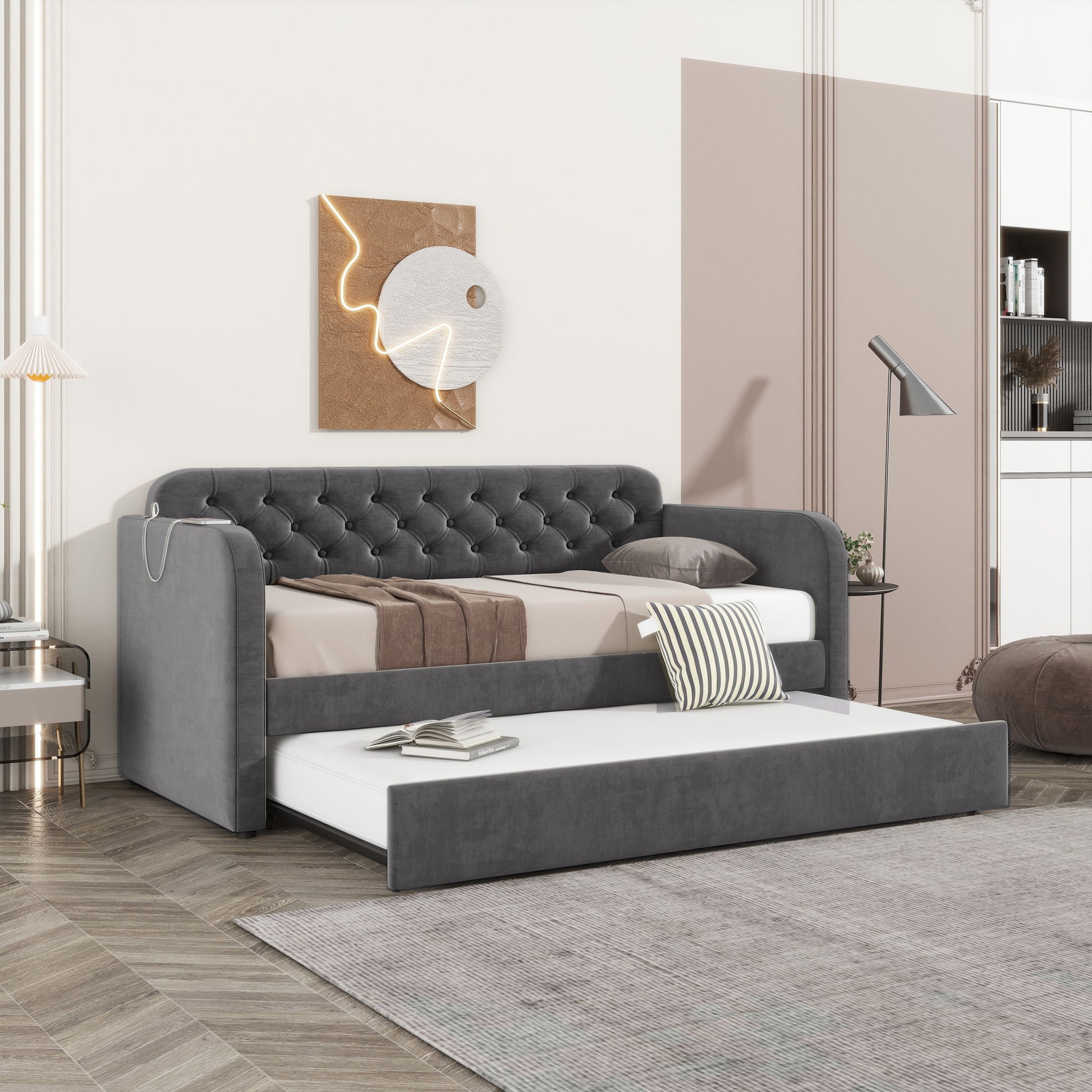 Upholstered Daybed With Trundle And USB Charging Design - The Sleep Loft - Online Mattress Showroom NYC