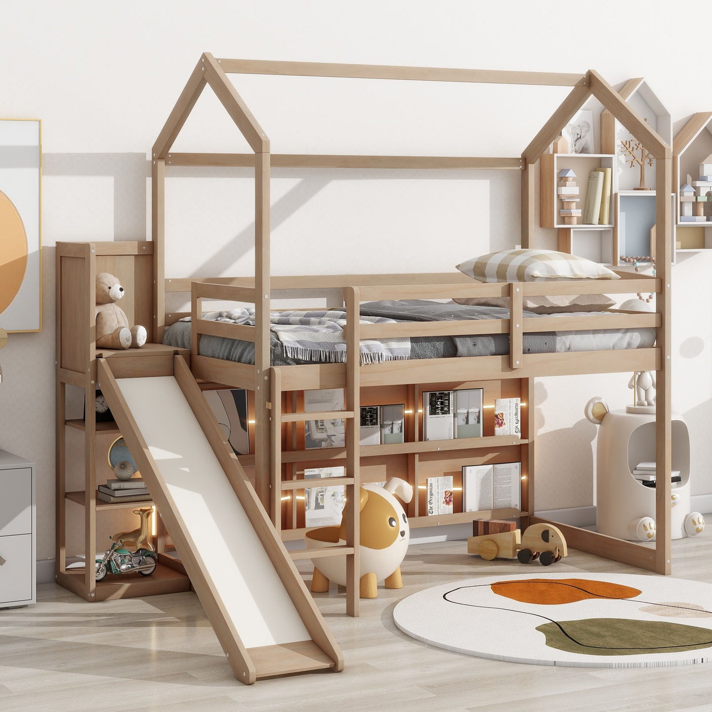 House Loft Bed With Slide, Storage Shelves And Light, Climbing Ramp - The Sleep Loft - Online Mattress Showroom NYC