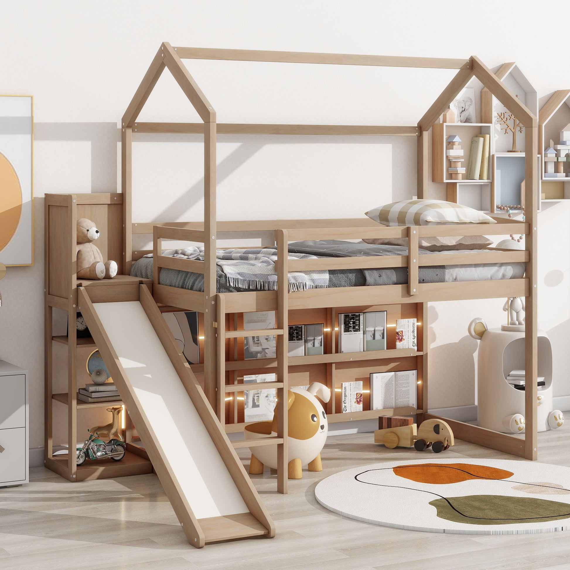 House Loft Bed With Slide, Storage Shelves And Light, Climbing Ramp - The Sleep Loft - Online Mattress Showroom NYC