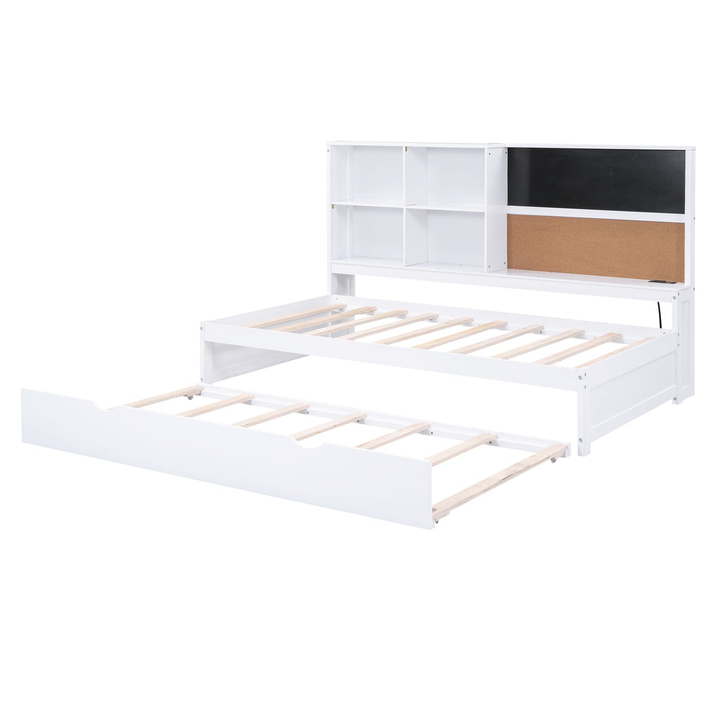 Twin Size Daybed With Storage Shelvesboard, Cork Board, USB Ports And Trundle - White - The Sleep Loft - Online Mattress Showroom NYC