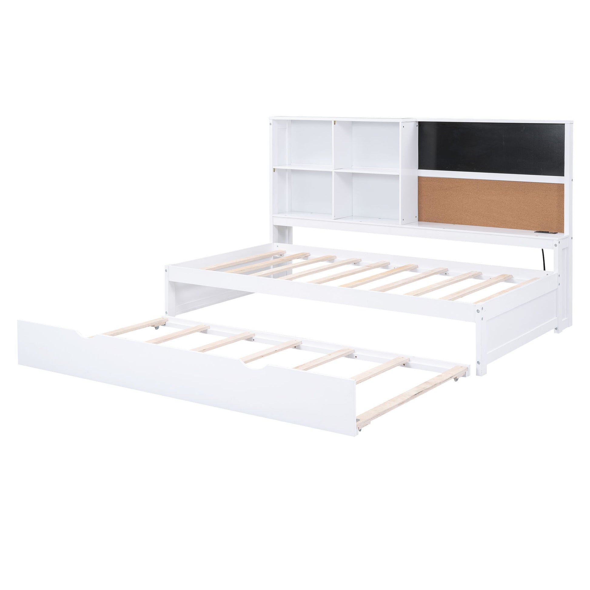 Twin Size Daybed With Storage Shelvesboard, Cork Board, USB Ports And Trundle - White - The Sleep Loft - Online Mattress Showroom NYC