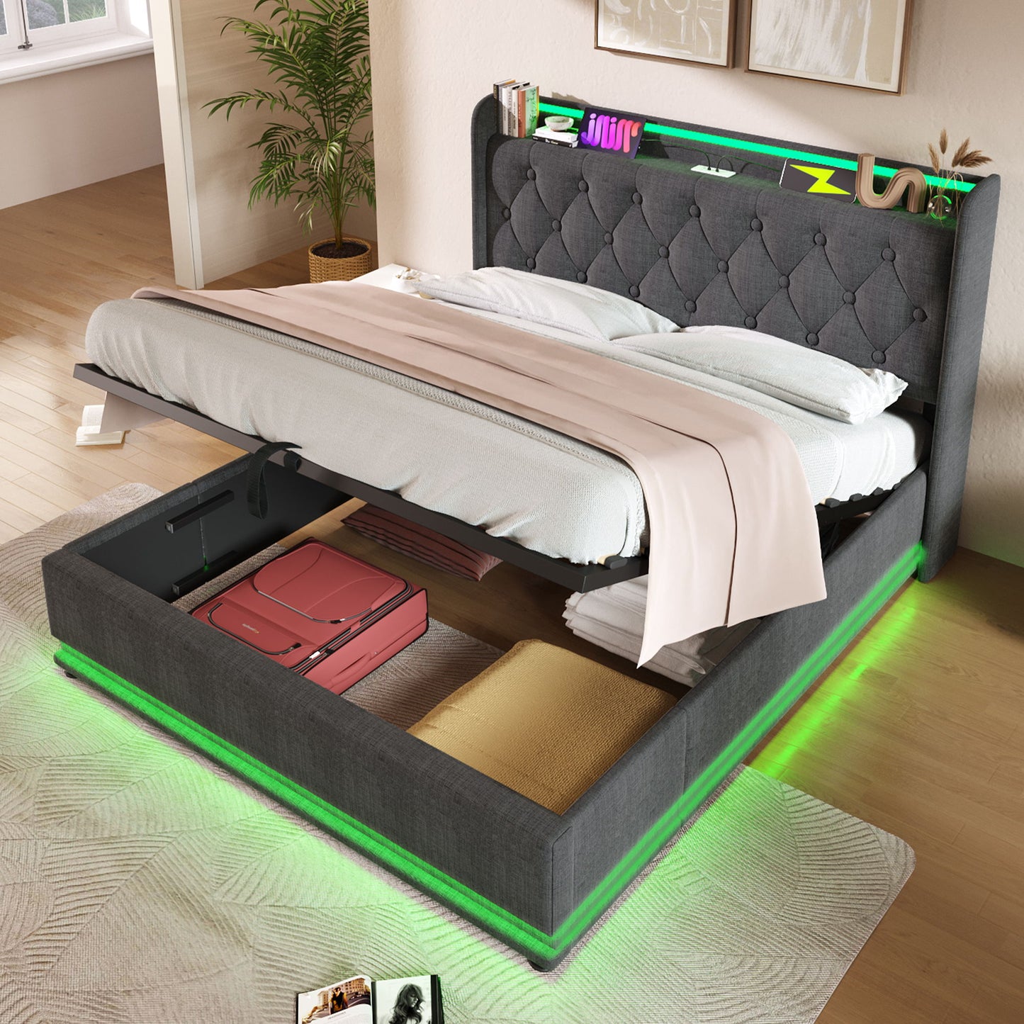 Upholstered Bed, 360 Surround LED Function, Remote Control, Hydraulic Storage Bed With USB, Type-C Charging (Without Mattress) - The Sleep Loft - Online Mattress Showroom NYC