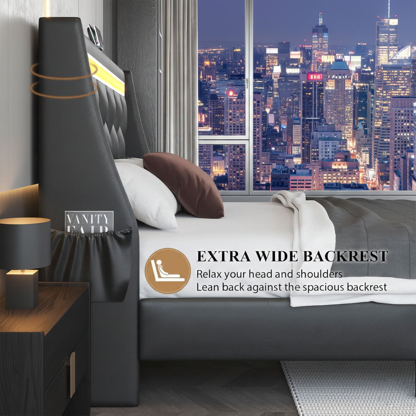 Wingback Upholstered Bed Frame With LED Lights, Charging Station - The Sleep Loft - Online Mattress Showroom NYC