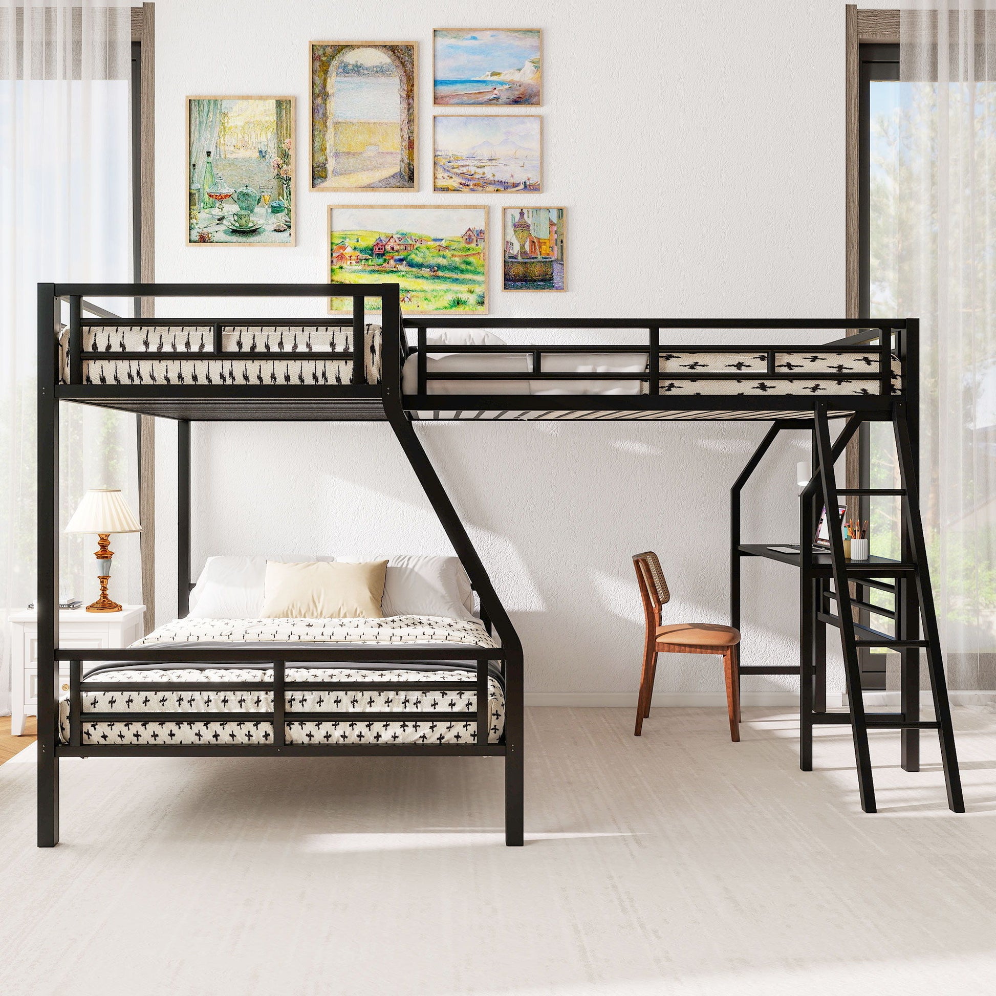 Twin Over Full Bunk Bed With Loft And Desk, L-Shaped Design For 3 Sleepers - Black - The Sleep Loft - Online Mattress Showroom NYC