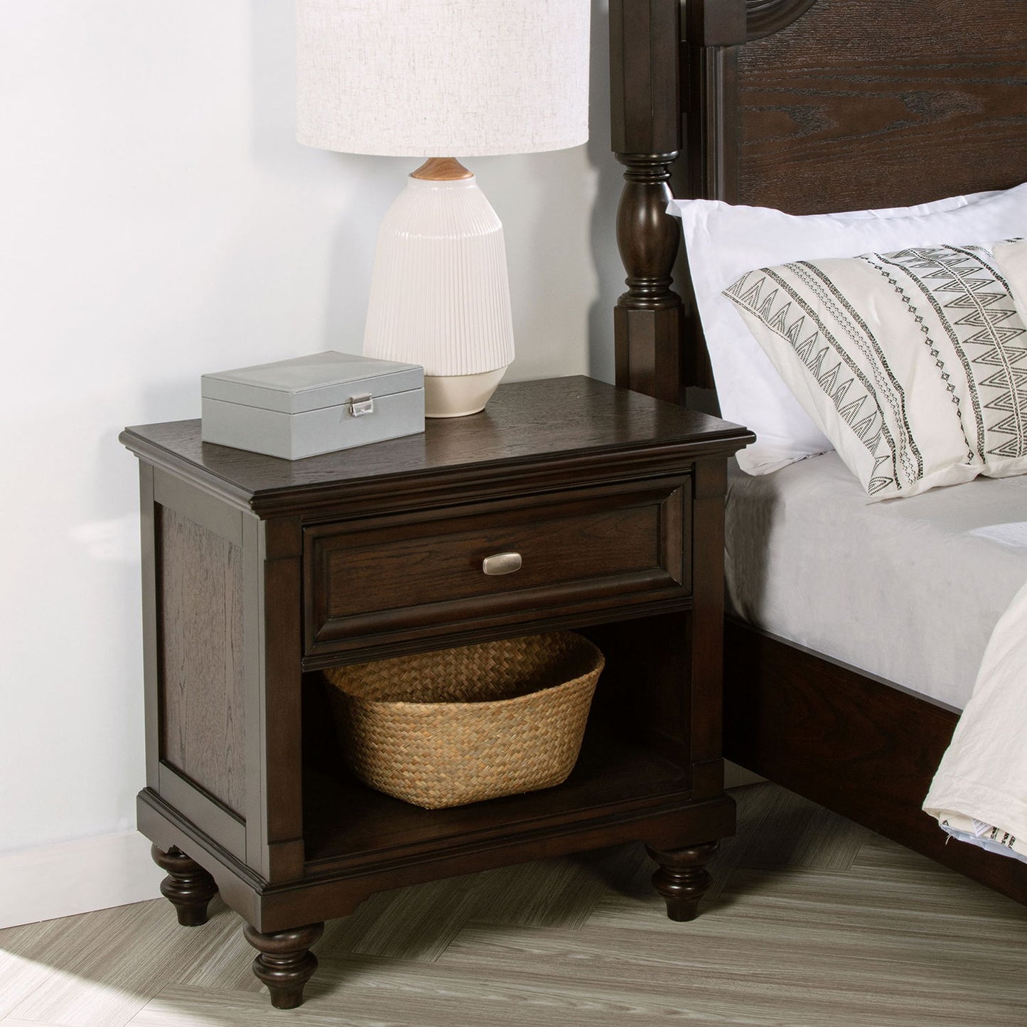 Berwick - 1 Drawer Nightstand With Open Cubby - Dark Oak - The Sleep Loft - Online Mattress Showroom NYC