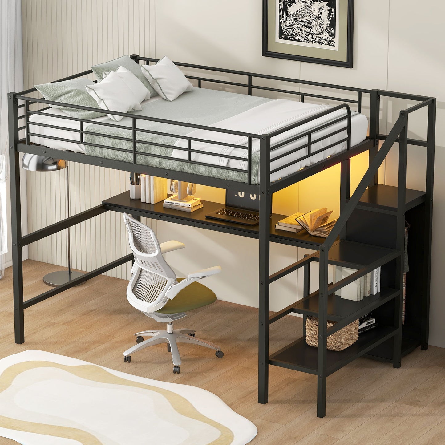 Full Size Loft Bed With Desk, Storage Staircase, Small Wardrobe And LED Light - Black - The Sleep Loft - Online Mattress Showroom NYC