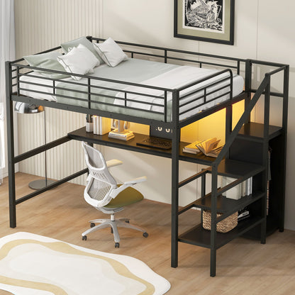 Full Size Loft Bed With Desk, Storage Staircase, Small Wardrobe And LED Light - Black - The Sleep Loft - Online Mattress Showroom NYC