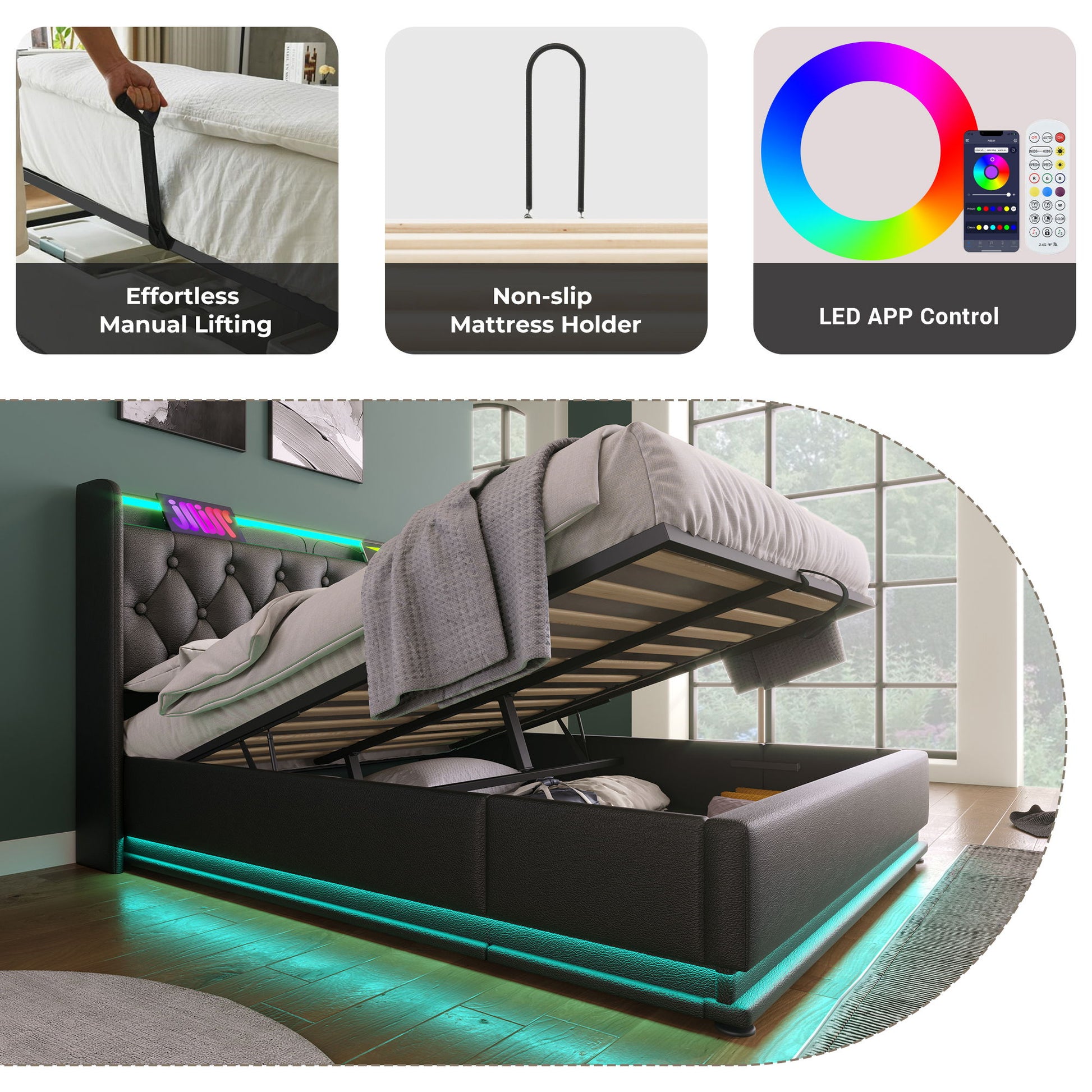 Upholstered Bed, 360 Surround LED Function, Remote Control, Hydraulic Storage Bed With USB, Type-C Charging (Without Mattress) - The Sleep Loft - Online Mattress Showroom NYC