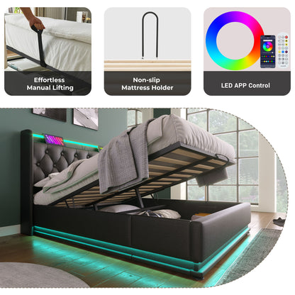Upholstered Bed, 360 Surround LED Function, Remote Control, Hydraulic Storage Bed With USB, Type-C Charging (Without Mattress) - The Sleep Loft - Online Mattress Showroom NYC