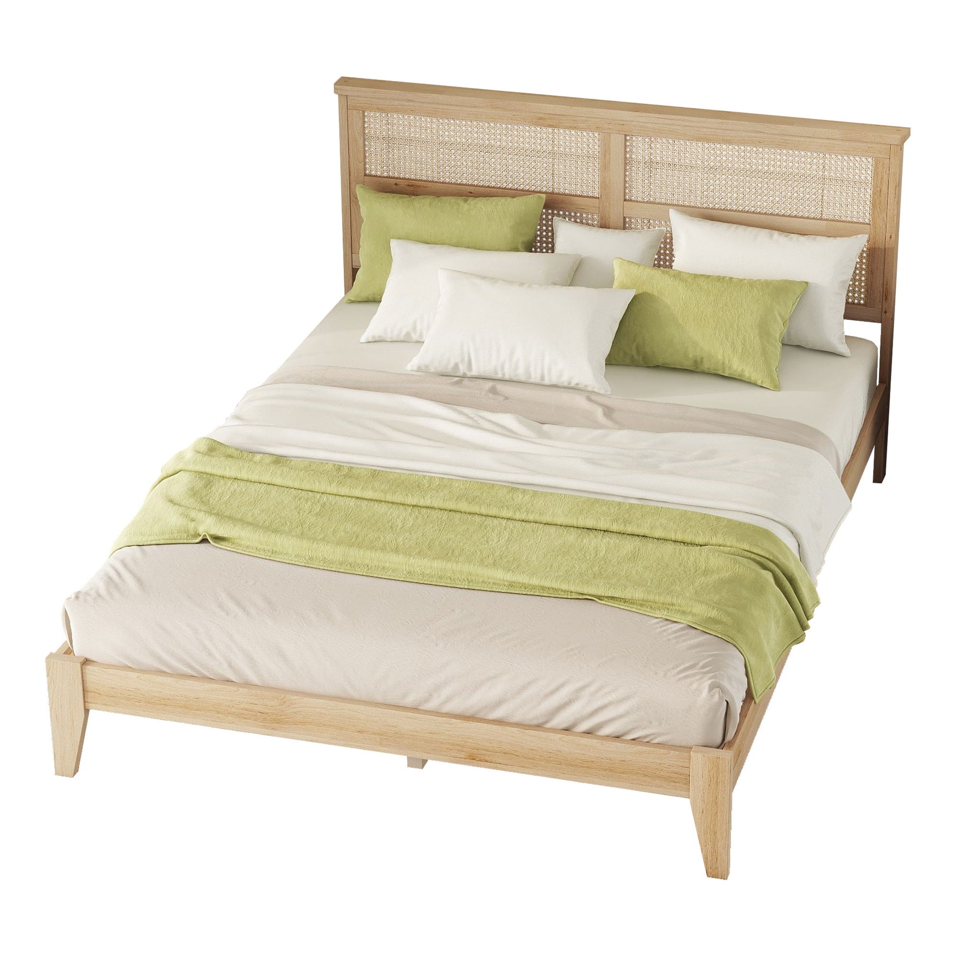 Queen Size Rubber Wooden, Solid Wooden Bed With Rattan Headboard, Enhanced By Support Feet - Natural - The Sleep Loft - Online Mattress Showroom NYC
