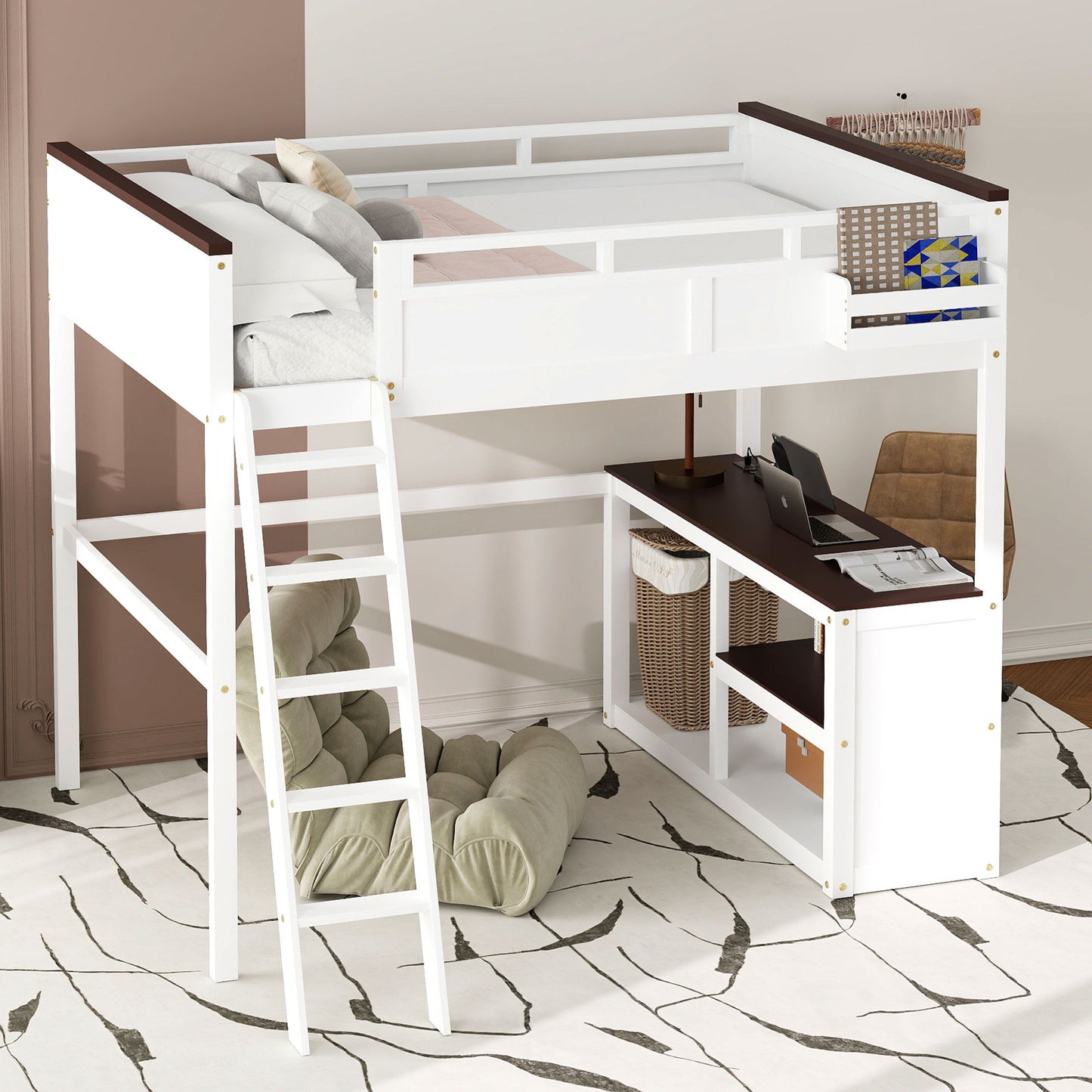 Queen Size Loft Bed With Desk, Open Shelf, Storage Box And USB Charging Station - White - The Sleep Loft - Online Mattress Showroom NYC