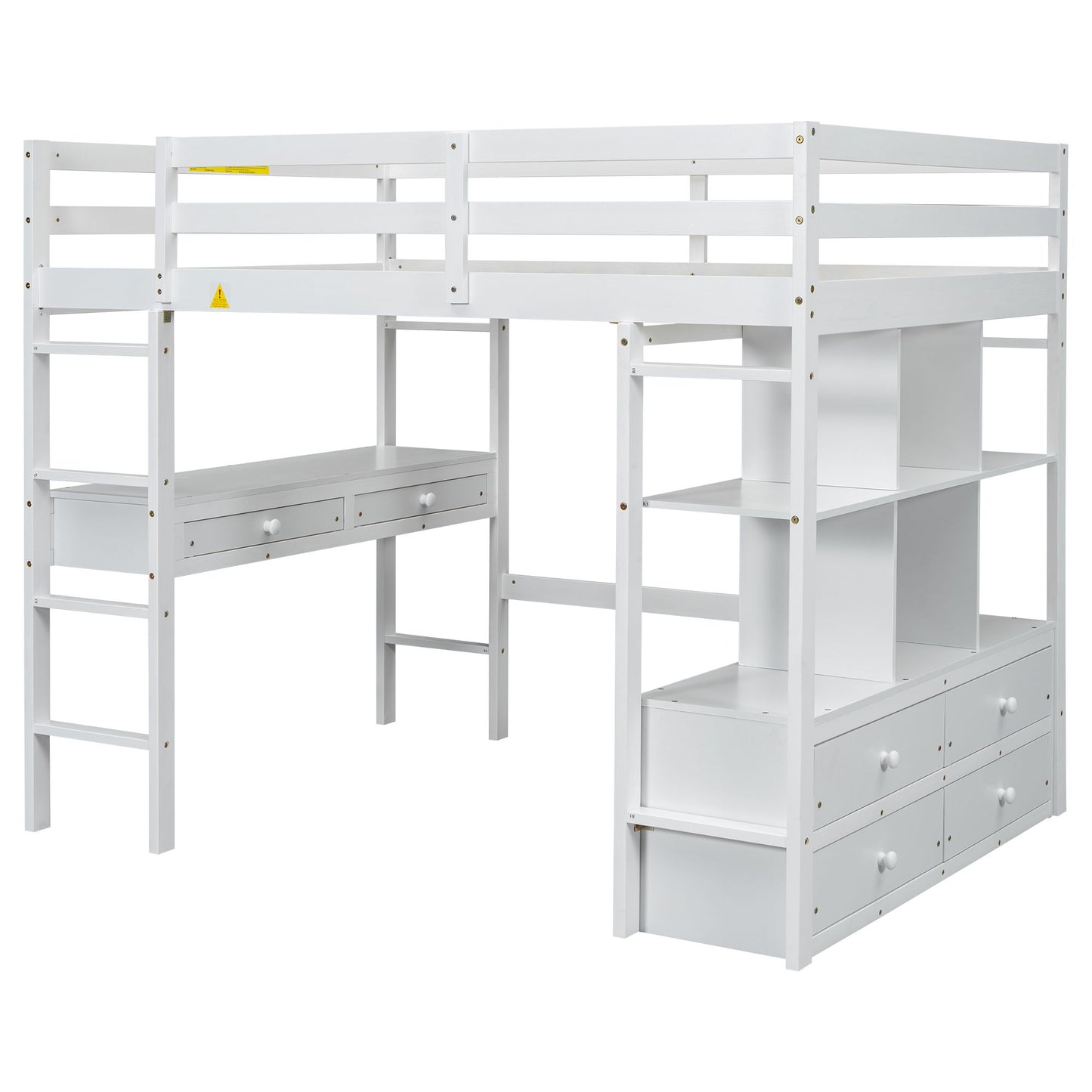 Full Size Loft Bed With Built In Desk, 2 Drawers, Storage Shelves - White - The Sleep Loft - Online Mattress Showroom NYC