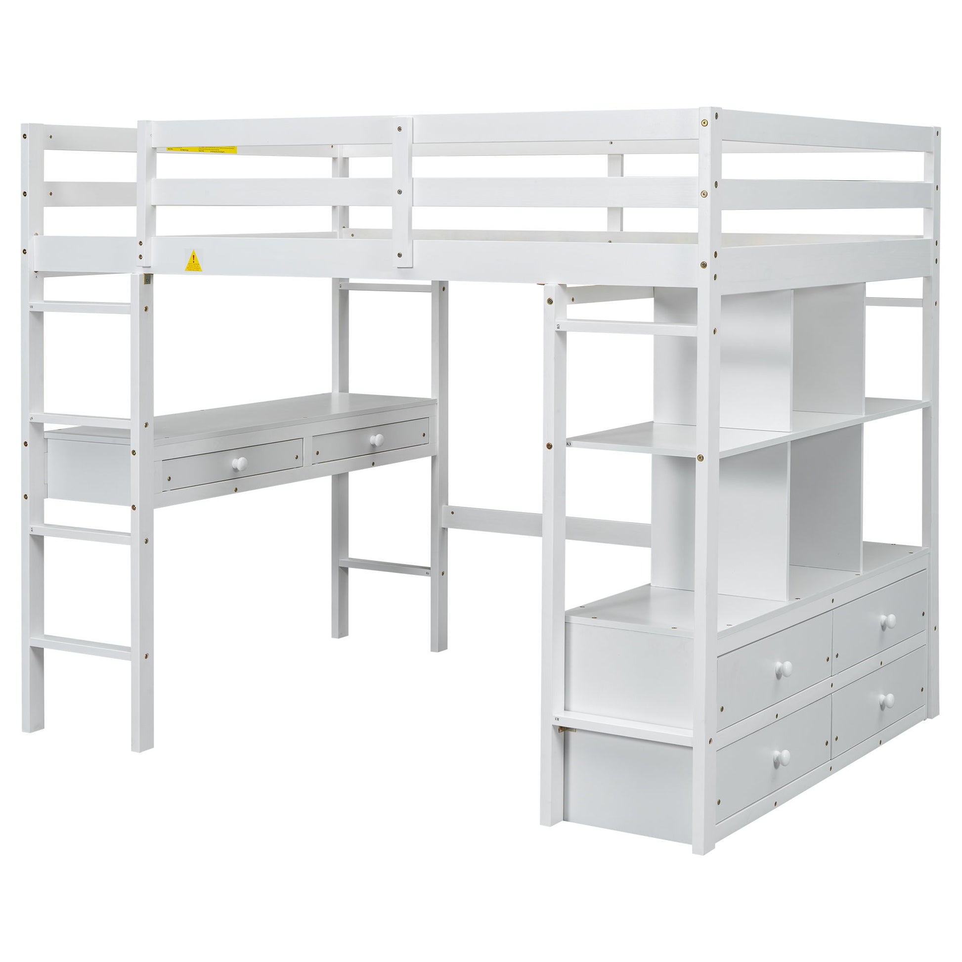 Full Size Loft Bed With Built In Desk, 2 Drawers, Storage Shelves - White - The Sleep Loft - Online Mattress Showroom NYC