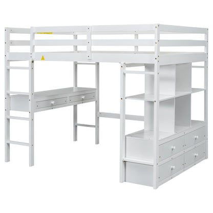 Full Size Loft Bed With Built In Desk, 2 Drawers, Storage Shelves - White - The Sleep Loft - Online Mattress Showroom NYC