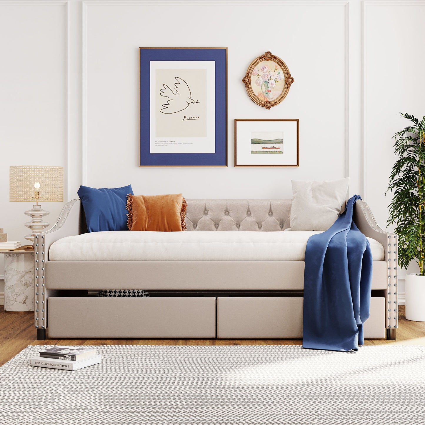 Upholstered Daybed With Two Drawers, Wood Slat Support - The Sleep Loft - Online Mattress Showroom NYC