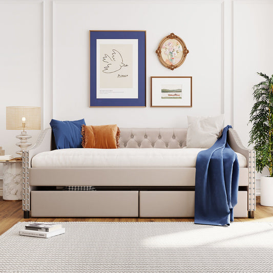 Upholstered Daybed With Two Drawers, Wood Slat Support - The Sleep Loft - Online Mattress Showroom NYC