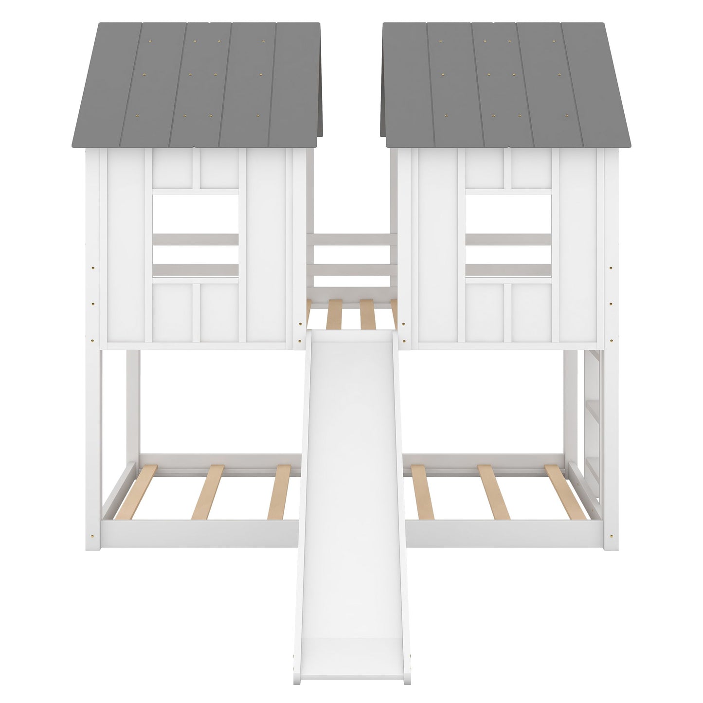 Twin Over Twin House Bunk Bed With Slide And Windows - White / Gray - The Sleep Loft - Online Mattress Showroom NYC