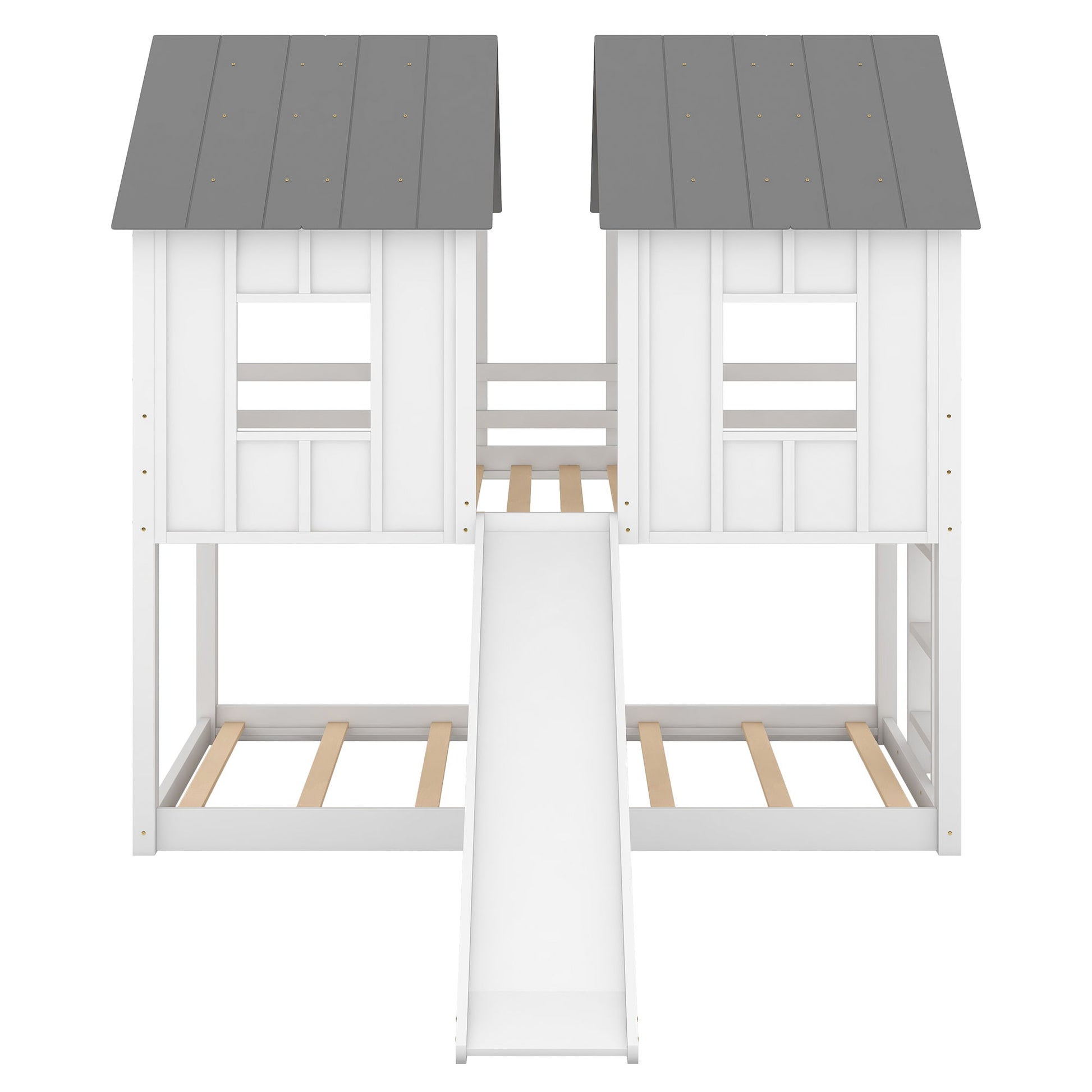 Twin Over Twin House Bunk Bed With Slide And Windows - White / Gray - The Sleep Loft - Online Mattress Showroom NYC