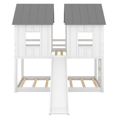 Twin Over Twin House Bunk Bed With Slide And Windows - White / Gray - The Sleep Loft - Online Mattress Showroom NYC
