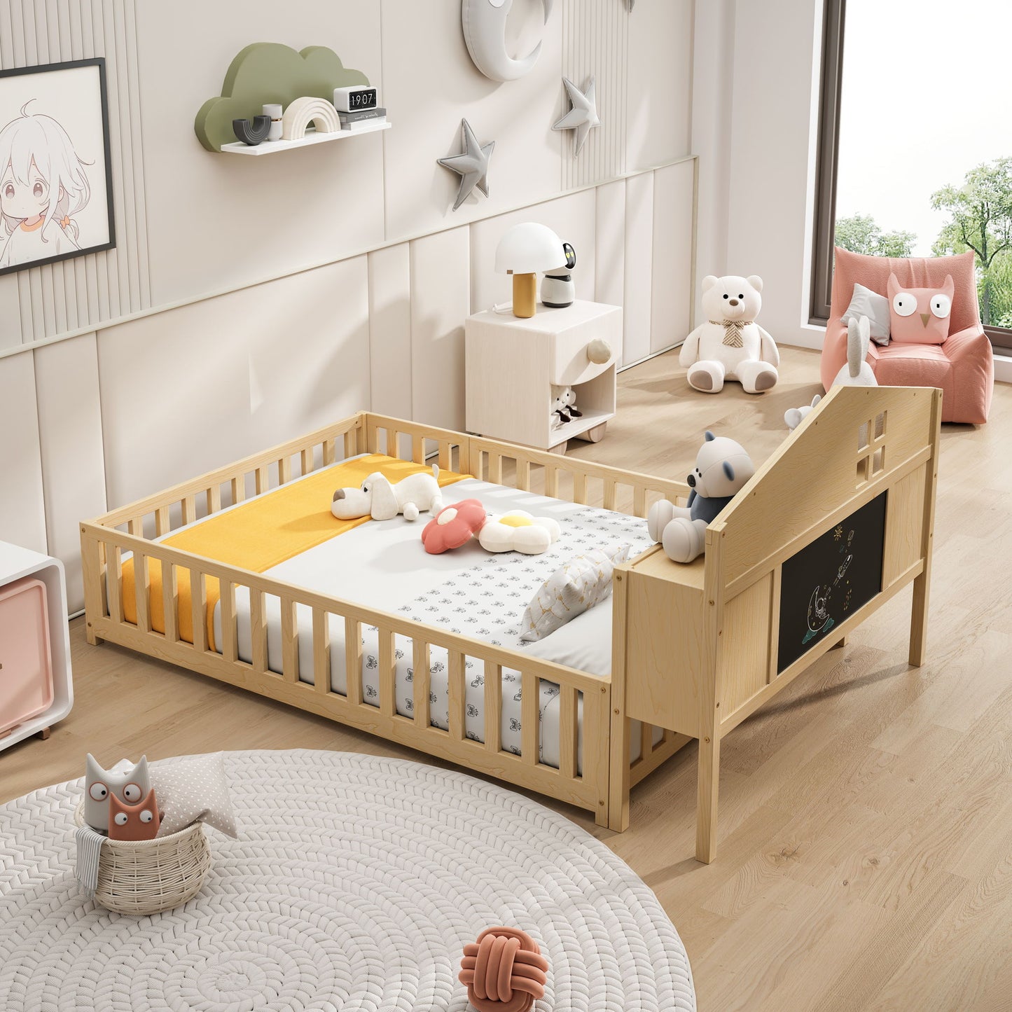 Full Size Montessori Floor Bed With Bookcases And boards, Solid Wood Platform Bed With Guard Rails And Storage Headboards - Natural - The Sleep Loft - Online Mattress Showroom NYC