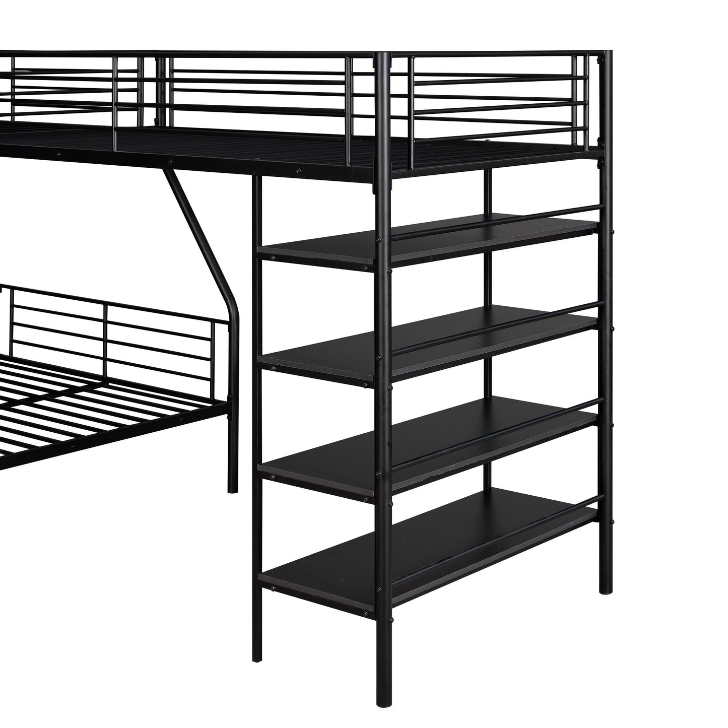 L-Shaped Twin Over Full Bunk Bed And Twin Loft Bed With 4 Built In Shelves - Black - The Sleep Loft - Online Mattress Showroom NYC